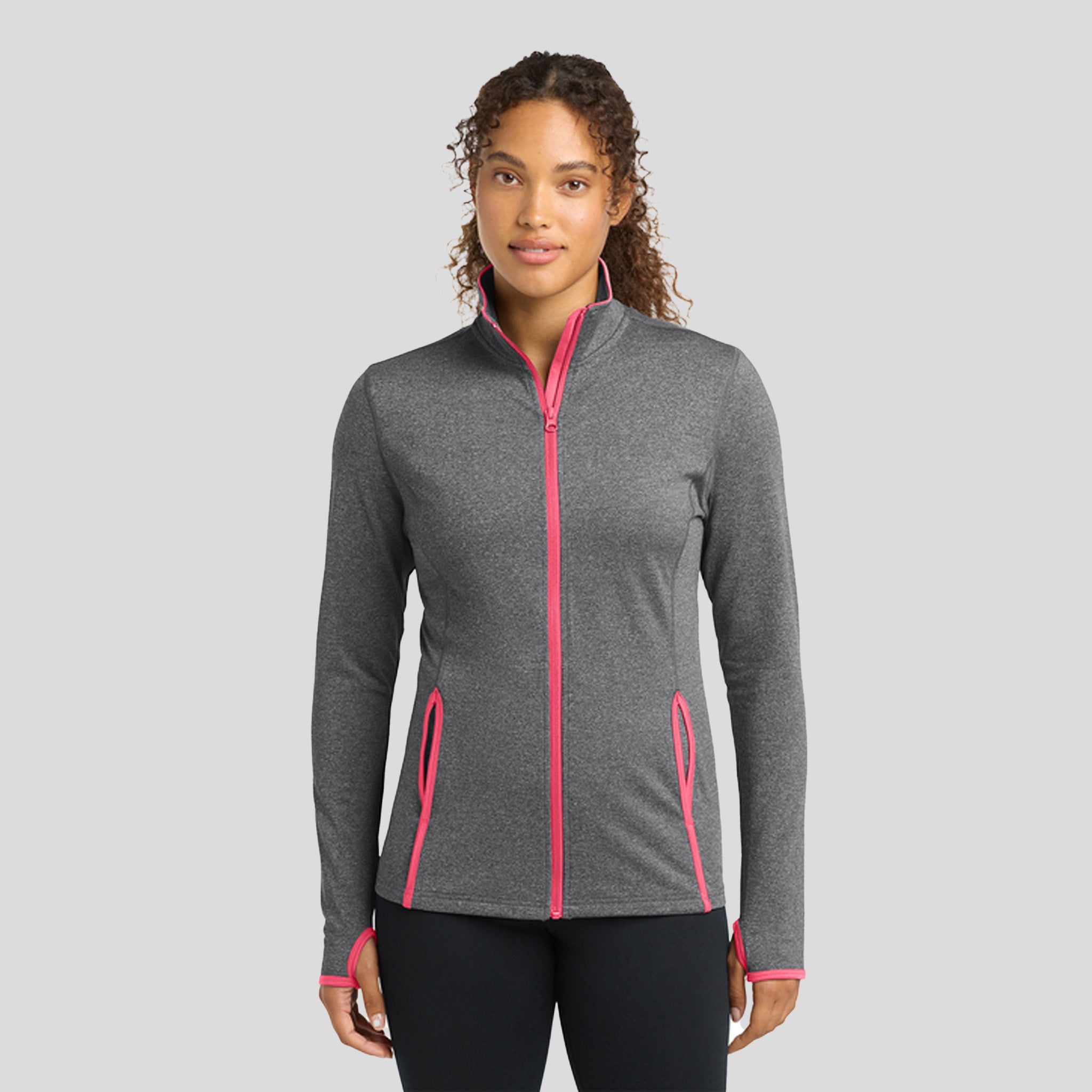 Women's Sport-Wickยฎ Stretch Contrast Full-Zip Jacket | Charcoal Grey Heather/Hot Coral
