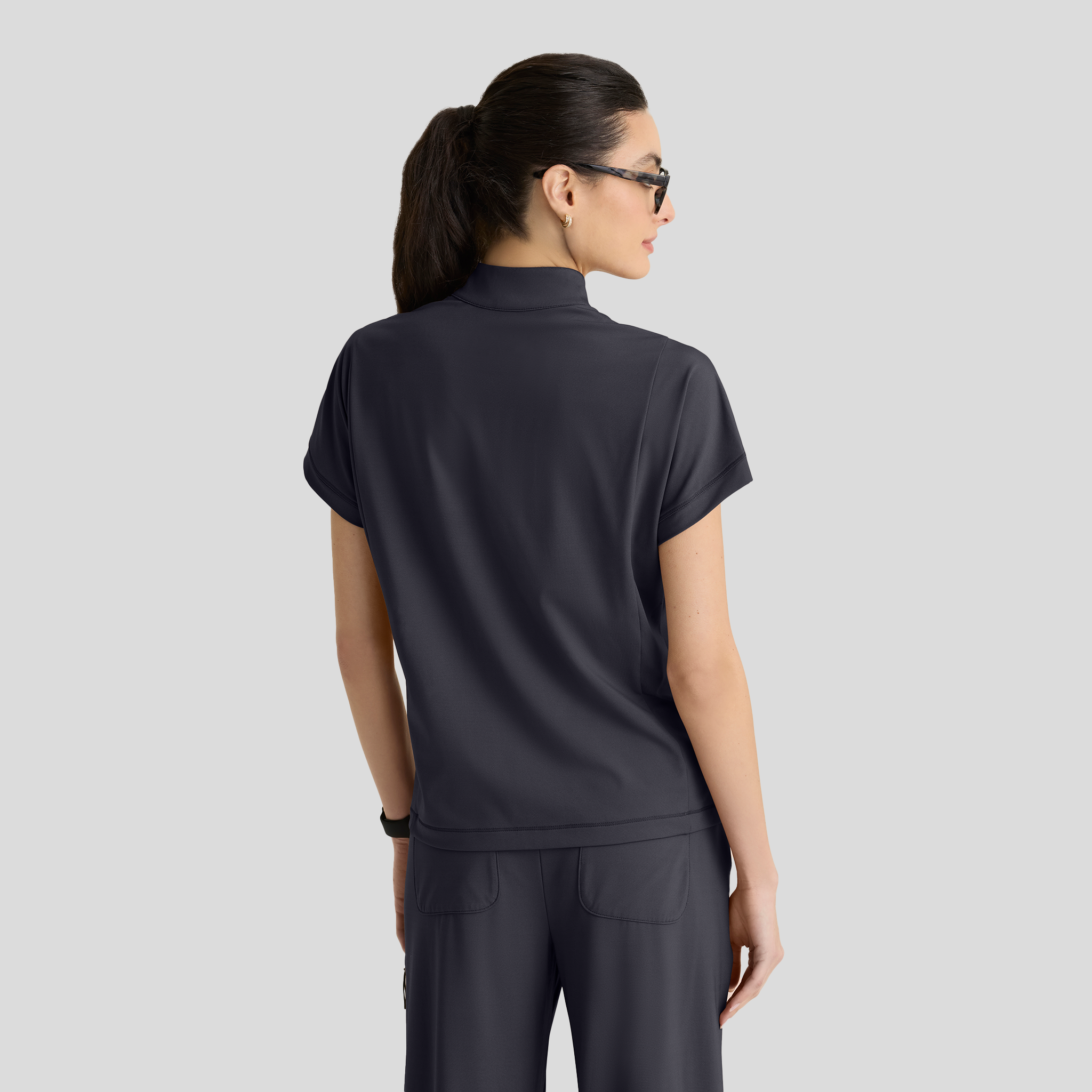 Crystal 3-Pocket Mock Neck Zip-Placket Top | Pewter
